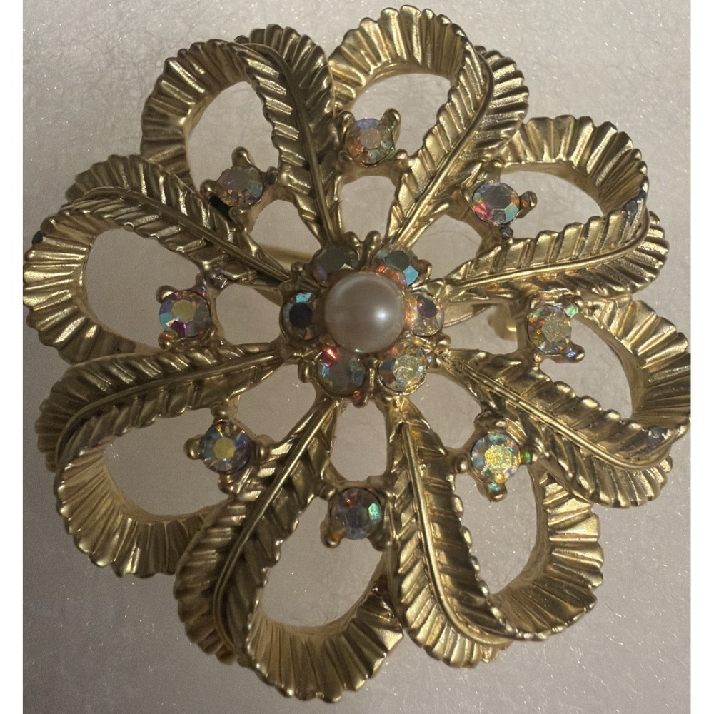 Vintage Gold Tone Aurora Borealis Faux Pearl Leaf Feather Swirl Brooch Colorful